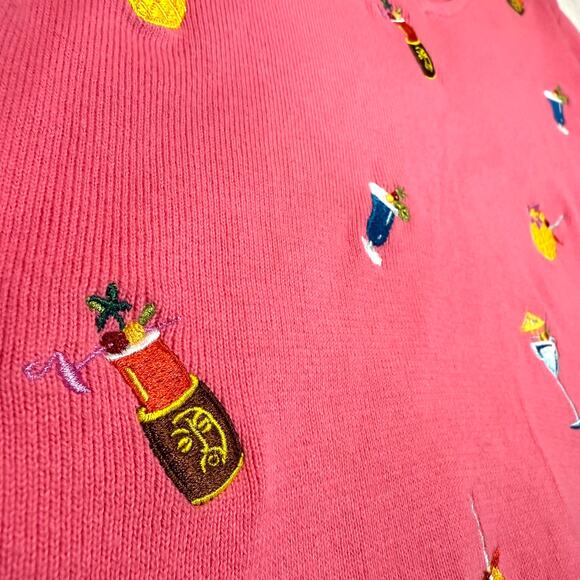 Alexandra Bartlett L Pink Sweater Embroidery Tropical Tiki Cocktail Beach Resort - Picture 3 of 9